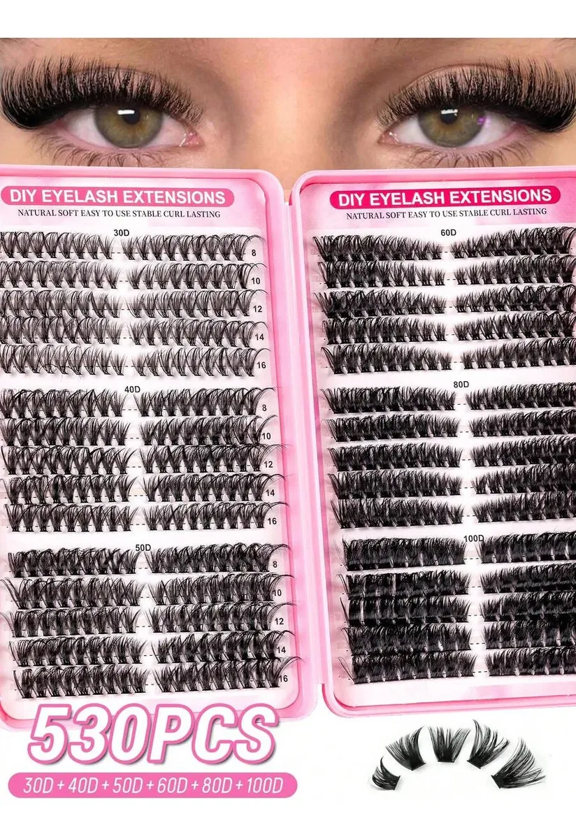 530-teiliges Cluster-Kunstwimpern-Set, 30D-100D Synthetische Nerzwimpern, 0,07mm Biegung, 9-16mm, Wiederverwendbar für Alltag/Partys/Weihnachtsgeschenk