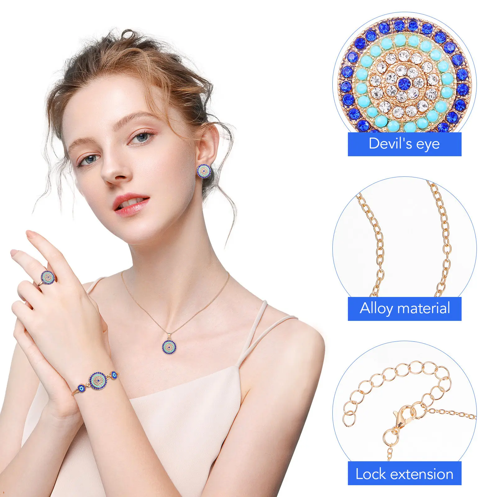 Turkish Evil Eye Jewelry Set for Women – Necklace, Earrings, Ring & Bracelet in Blue Alloy