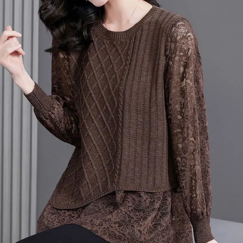 Fake Two Pieces Knitted Patchwork Shirt Female Clothing Fashion Lace Loose Spring Autumn Long Sleeve Vintage Solid Color Blouse