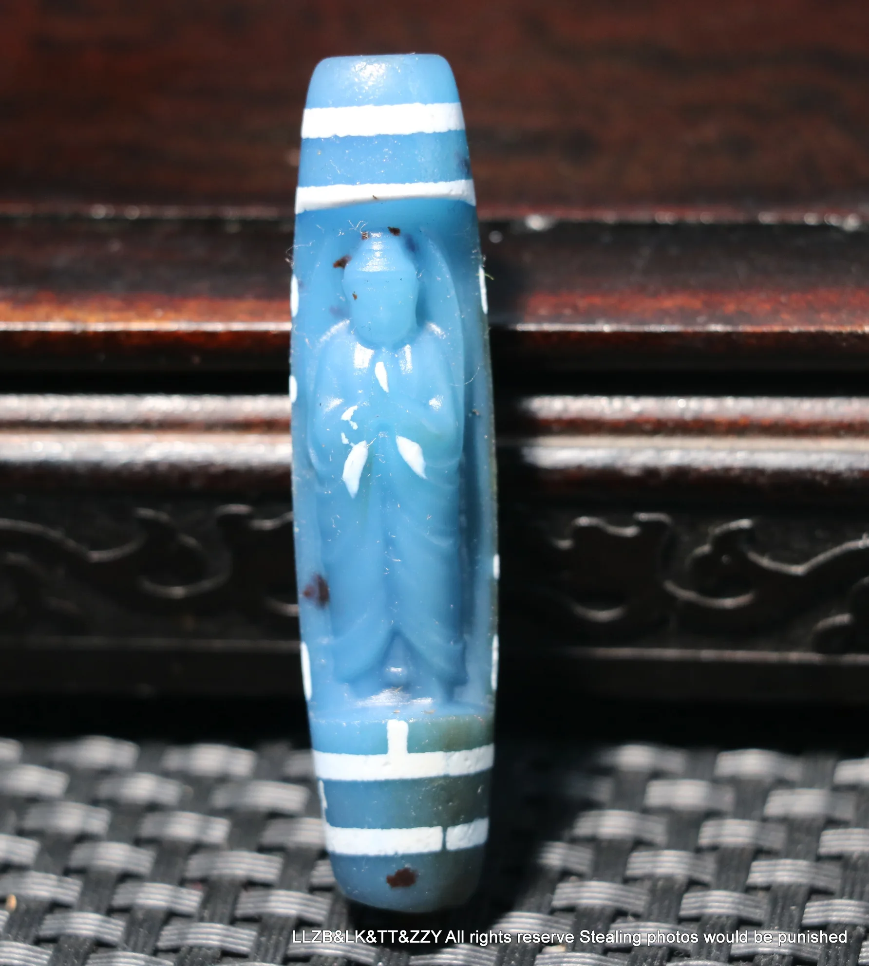 A Magic Tibetan Old Agate Blue Color Blessing Buddha Figure Sculptural dZi Bead Carving Pendant LKbrother Talisman