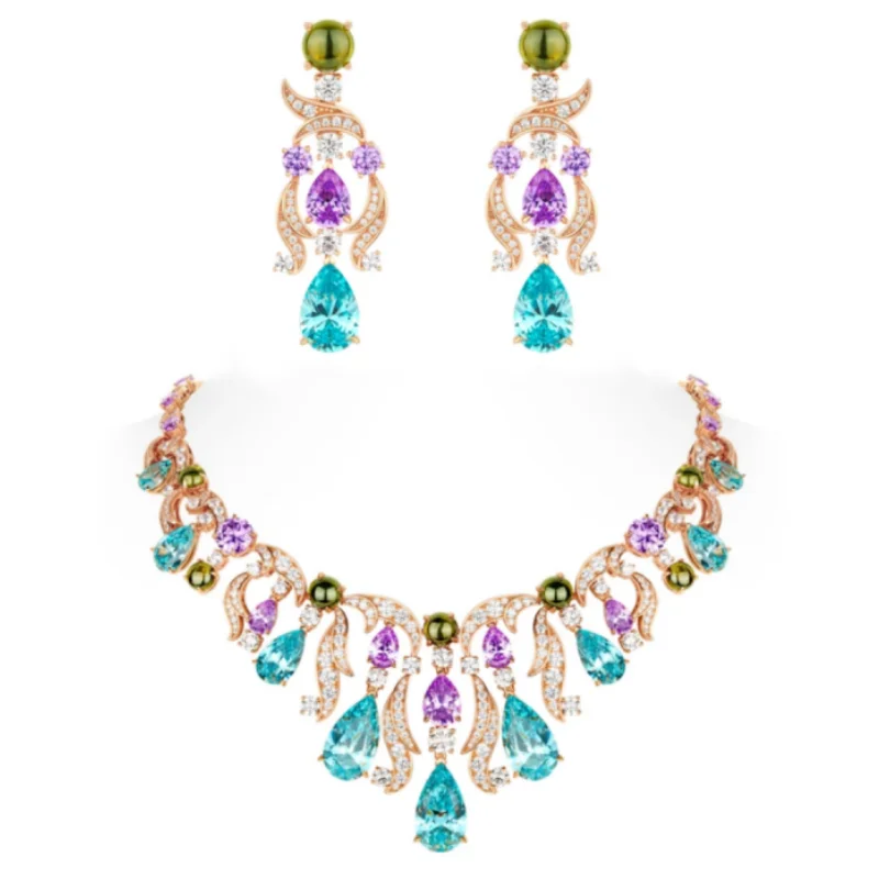 Bellux Luxury Multi‑Color Synthetic Zircon Necklace Earrings Set S925 Silver Gold Plated Women Jewelry for Wedding Party Evening