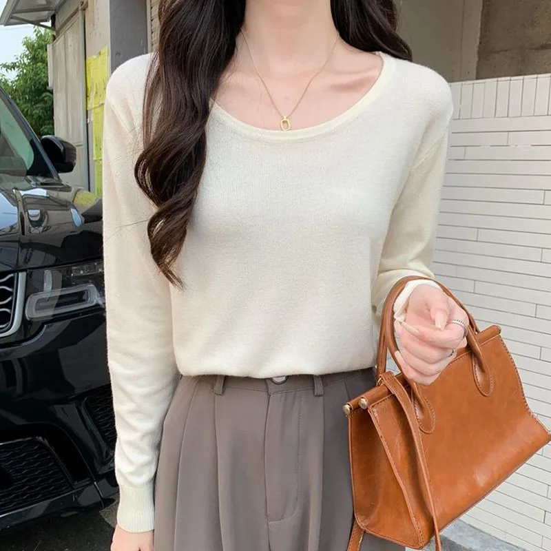 

Вязаный свитер, женские пуловеры, новый белый вязаный свитер с длинным рукавом и круглым вырезом, пуловер, женские топы, трикотажные изделия Sueters De Mujer Q1184