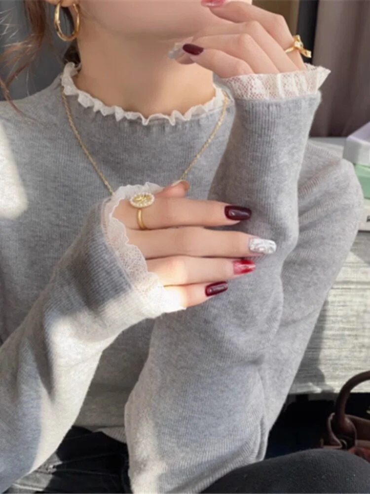 Gray Lace Knitted Base Shirt Women Early Spring Inner Wear 2026 New Korean Version High-End Feel Half High Collar Sweater