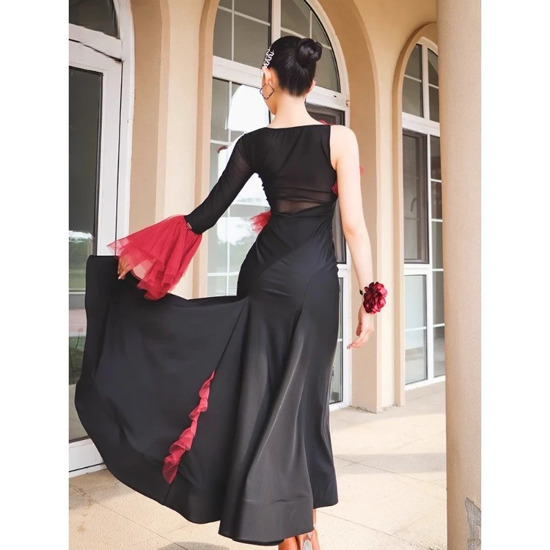 

National Standard Dance Dress Modern New Fishbone Skirt Large Swing Dress Red Irregular Splicing ADL160