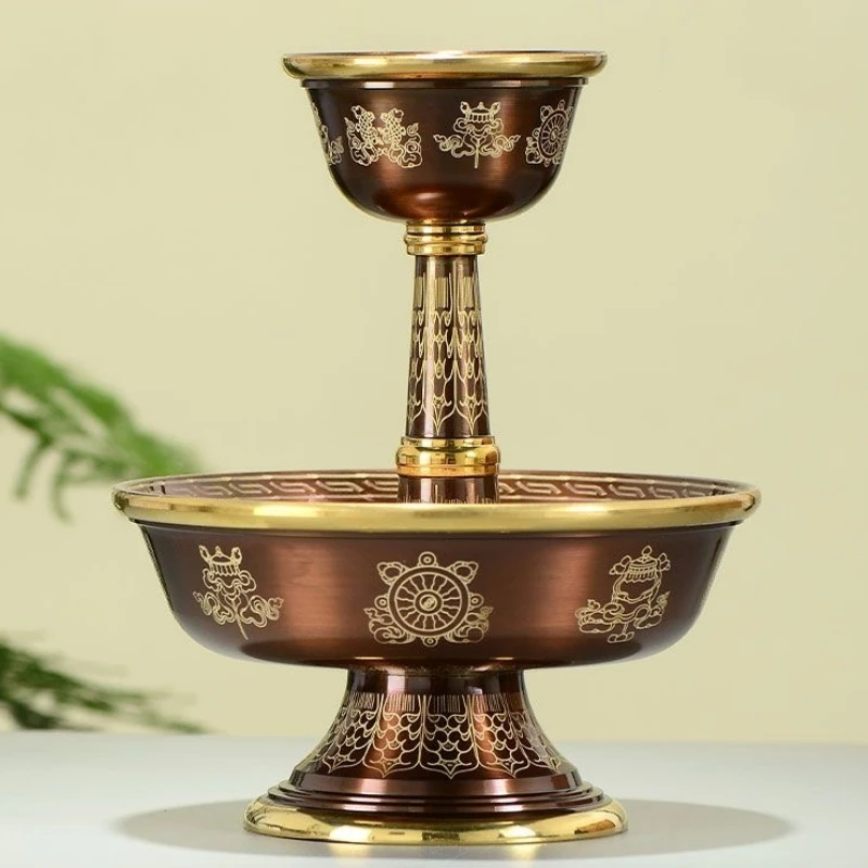 Tibetan Tribute Guardian Cup,Engraving Bronze Copper 2 Layer Handicraft Buddhism Holy Water Plate,Buddhist Religious Item,1Set