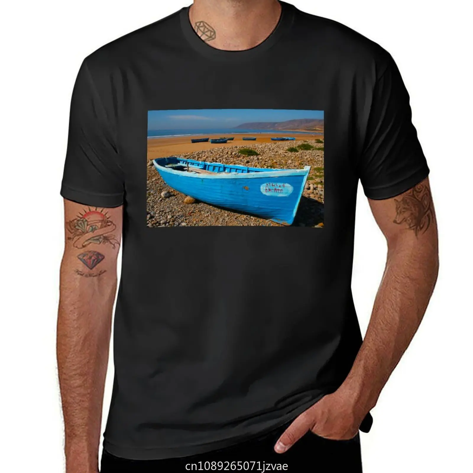 Camiseta de barco de pesca azul en Essaouira, Marruecos, aduanas, niños, camisetas blancas para hombres, gráfico