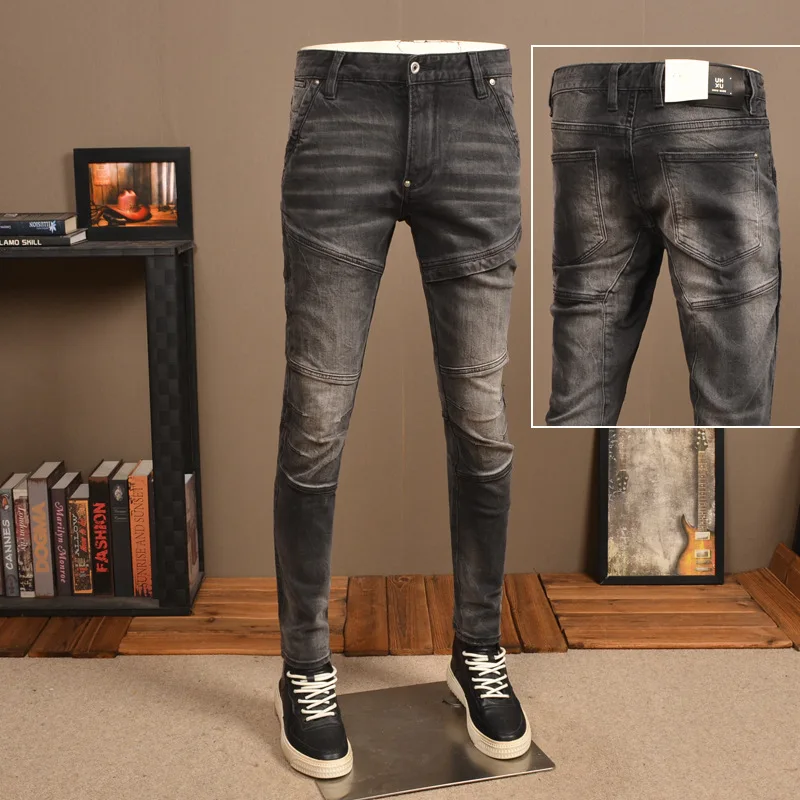 Retro Distressed Stitching Jeans Men's Fashionable Slim Fit Skinny Stretch High-End Casual Tight Motorcycle Men's Pants