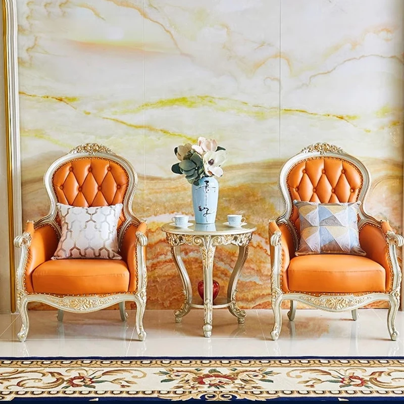 كرسي من الجلد الأوروبي مصنوع من الخشب الصلب لغرفة النوم الترفيهية كرسي أريكة فردي كرسي بذراعين للدراسة كرسي عالي الظهر أثاث منزلي للصالون