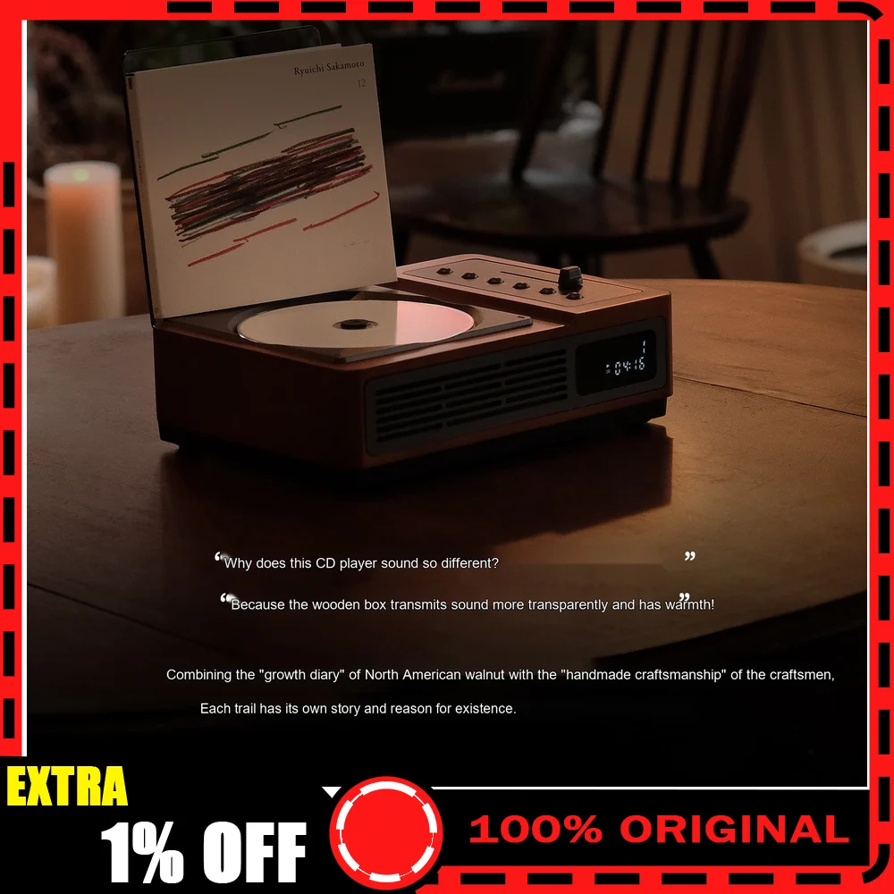 THINKYA R02 Retro CD Player Bidirectional Bluetooth FM Radio Hi-Fi Wooden Stereo Speaker All-in-One Album Player for Home