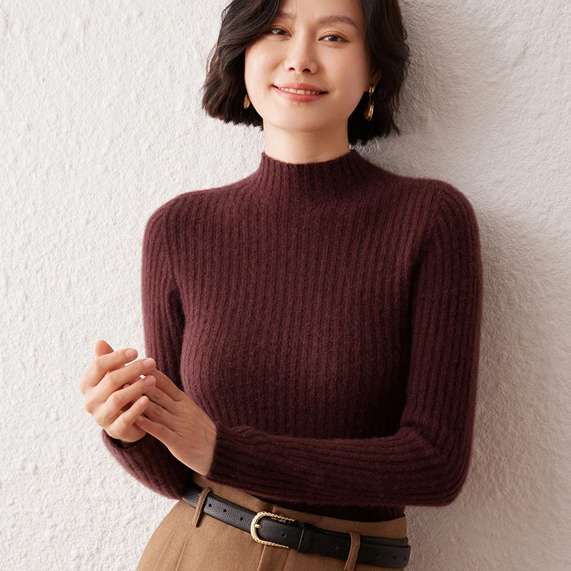 

Осень-зима 2022, новый вязаный свитер из 100% кашемира для женщин, облегающая универсальная полуводолазка с внутренним слоем, теплая базовая рубашка