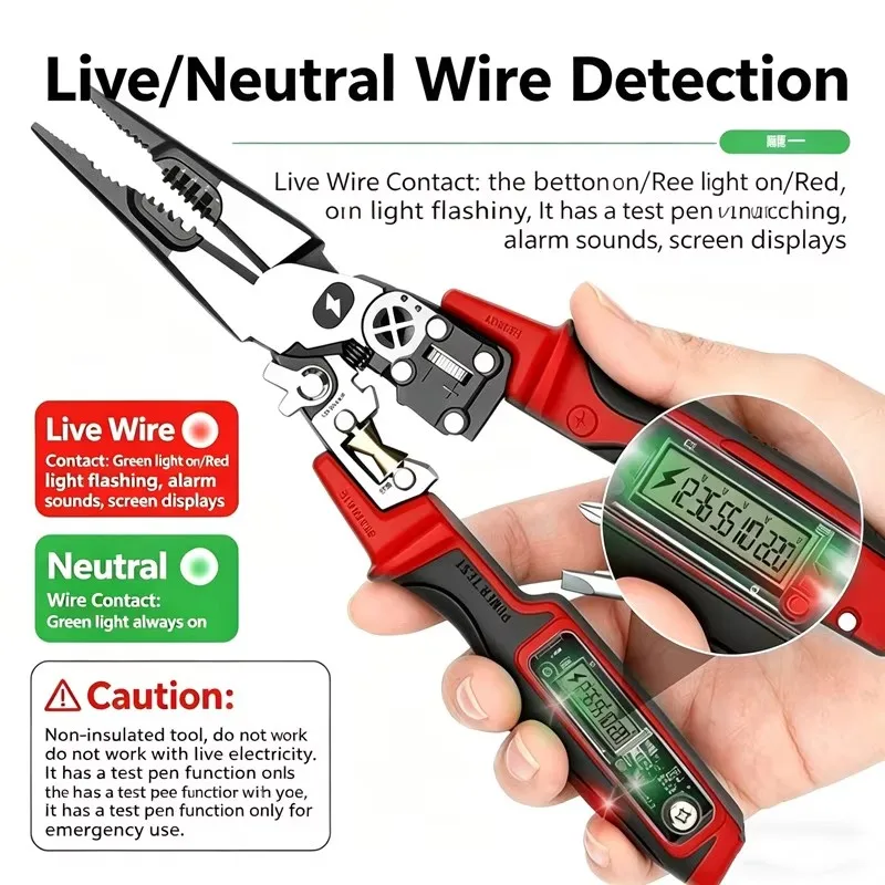 Digital Display Needle Nose Electrician Pliers, Multifunctional Voltage Test Wire Stripper Wire Wrapping & Splitting Hand Tool