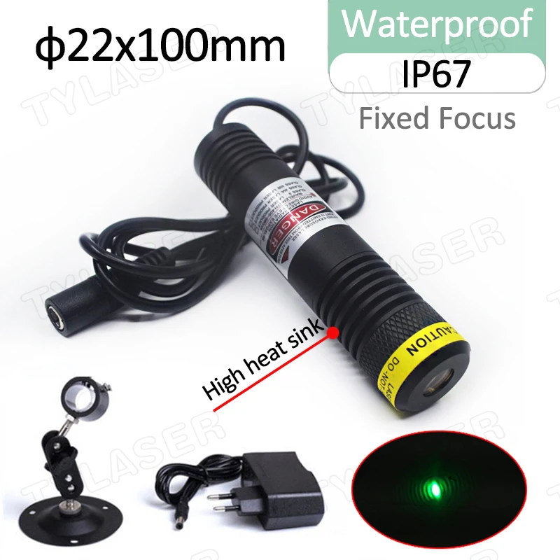 Waterproof IP67 Glass Lens D22X100 520nm Green Dot 10/30/50/80mW Laser Module for Cutting Positioning with Bracket and Adapter