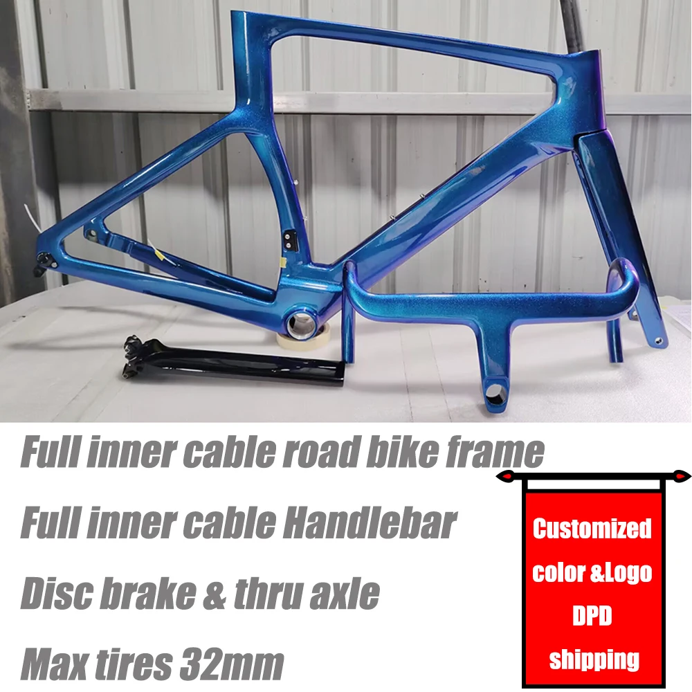 Carbon Road Bike Frame with Disc Brake Full Inner Cable, Coustomized Color Bicycle Frameset