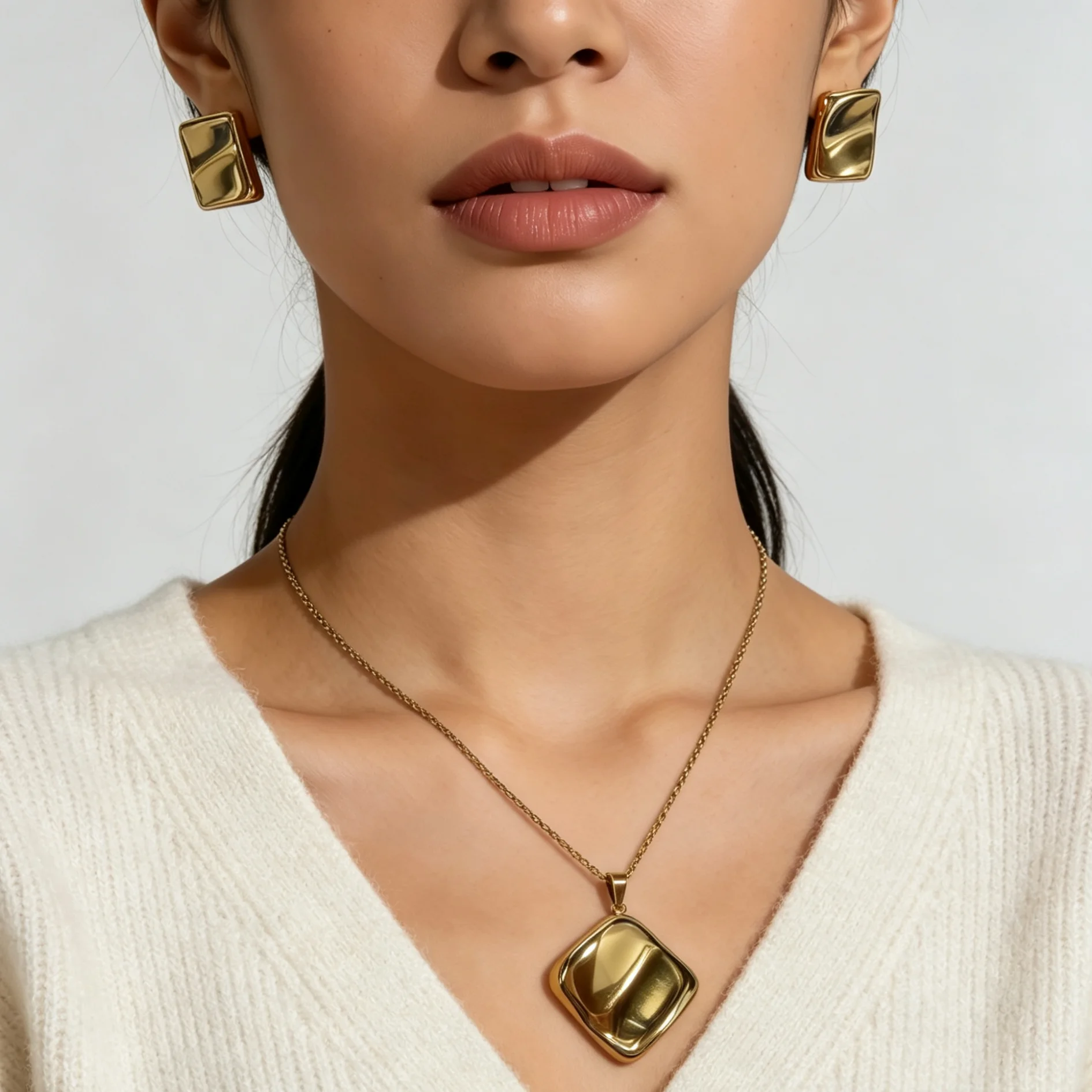 1Set Irregular Square 2Pcs Jewelry Set, Polished Concave Pendant Necklace Stud Earrings For Women Luxury Daily Wear