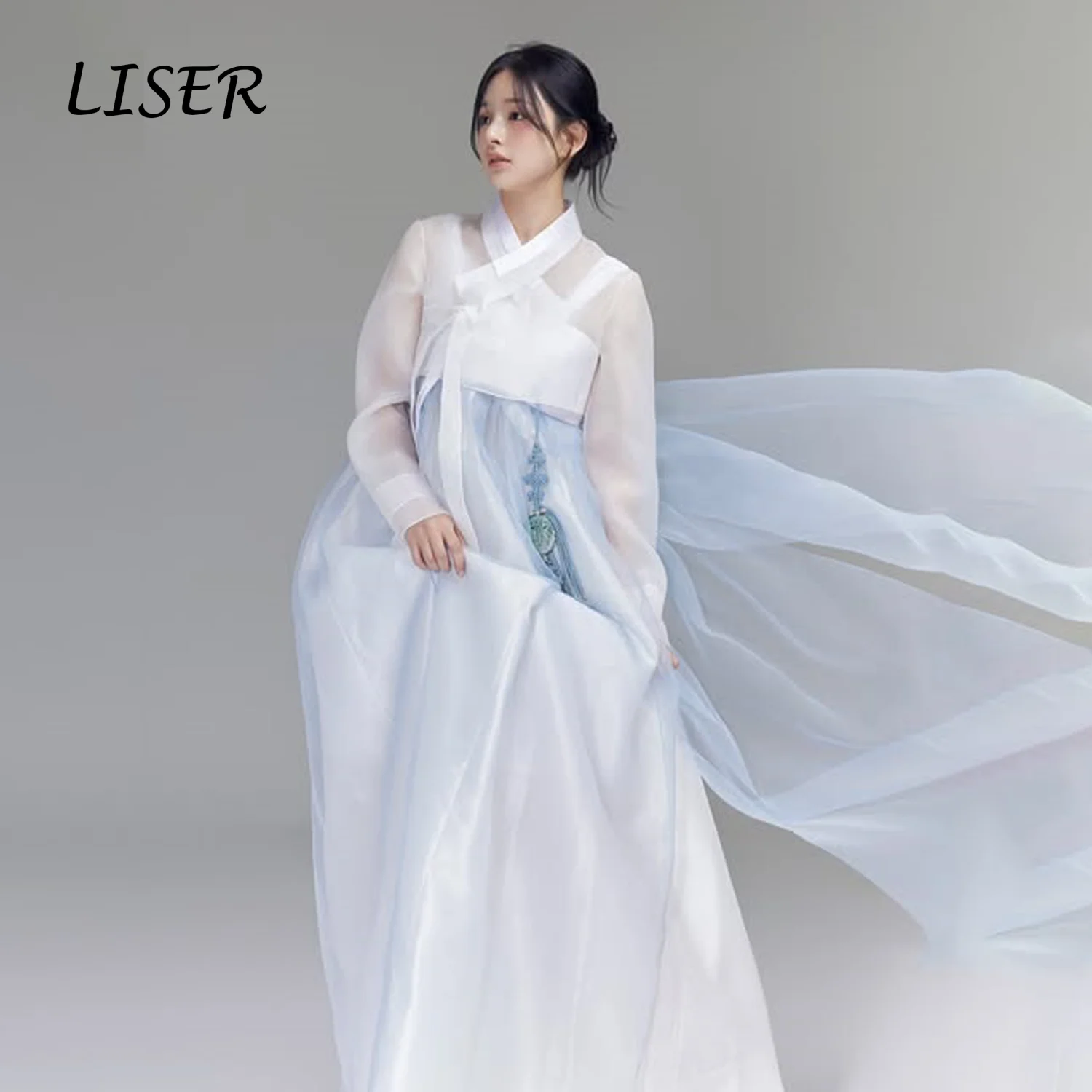 Liser Customized Dreamy Hanbok Women White Sheer Top Blue Grey Flowy Skirt Korean Traditional Dress Wedding Photos Photography