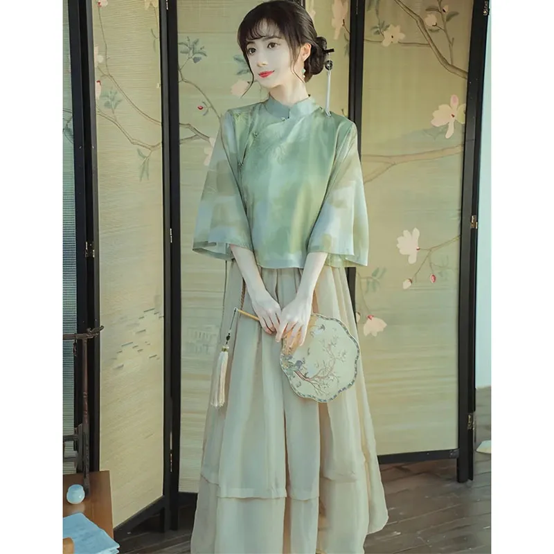 Summer Femme Chiffon Long Skirt 2PCS Spring Women Fashion Improved Cheongsam Skirt Suit Europe Ladies Stand Collar Two-piece Set