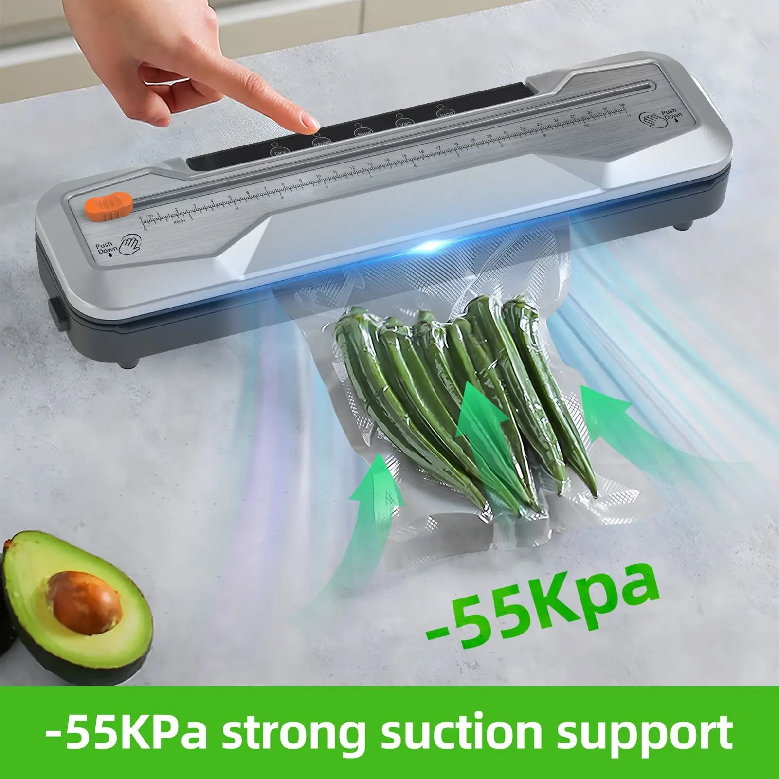 

55KPa automatic food sealing machine with 10 sealing bags for dry and wet food modes with cutter/scale for food preservation