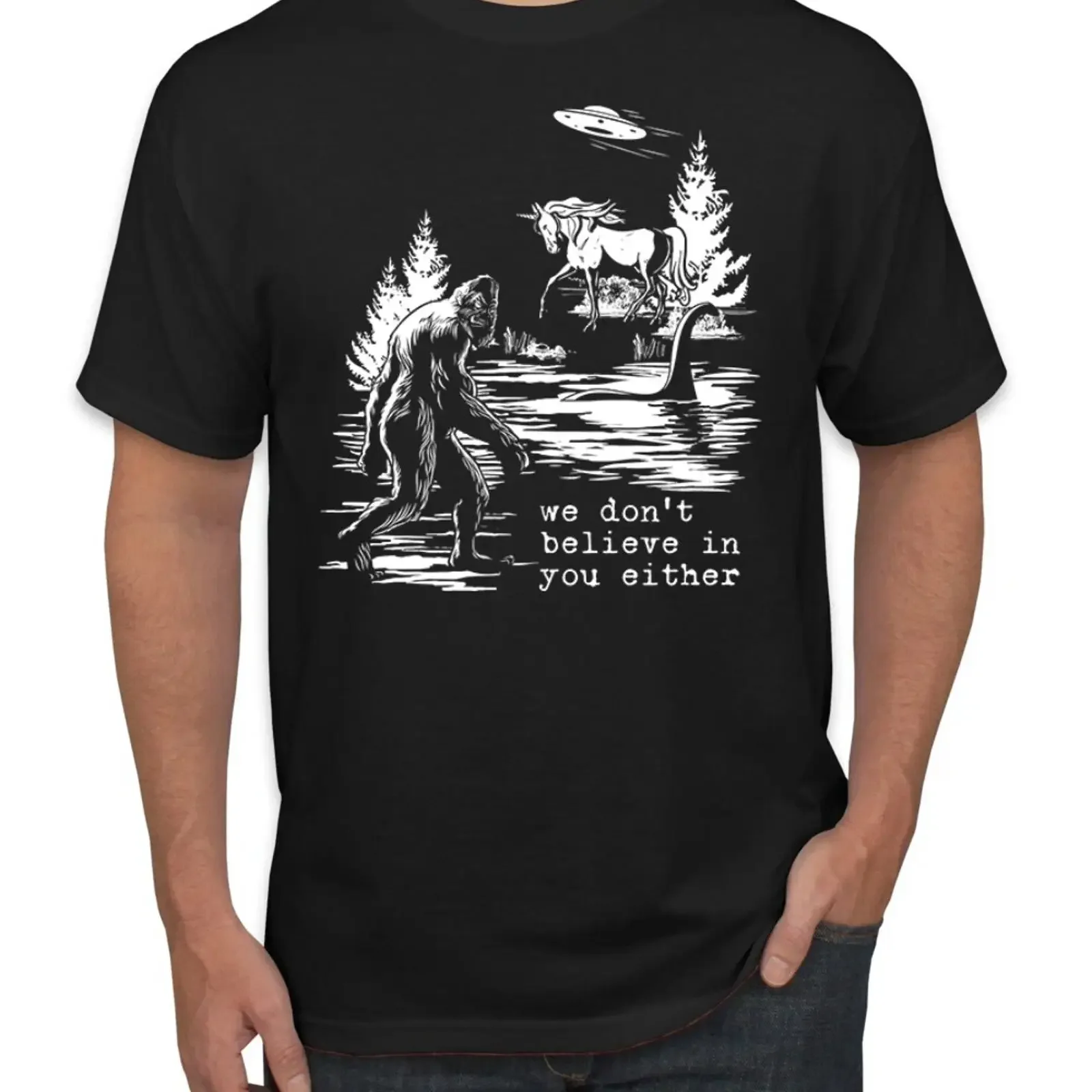 We Don't Believe Either Bigfoot Unicorns Men T Shirt vintage Washed Stretched homme Versatile Comfortable Soft