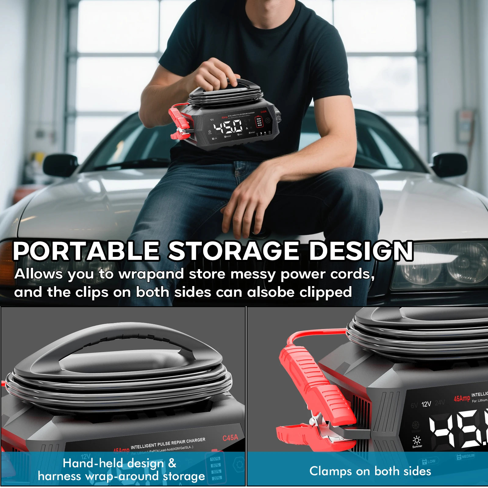 Nová přenosná nabíječka autobaterií 45A 6V/12V/24V pro automobilové motory, lithiové LiFePO4, olověné AGM, mokrá 9stupňová inteligentní nabíječka - náhled 3