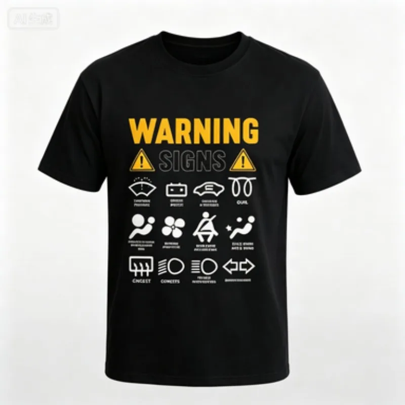 Men Standard Fit  Crew Neck Tee Warning Signs Funny Car Dashboard Graphic Print Short Sleeve Casual Male Gift T‑Shirt