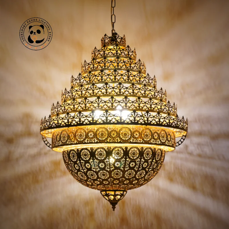 Saudi Arabia Classical Flame Pendant Light LED Zen Art Gold Lustre Hollow Carved Moroccan Lamp Hotel Buddha Hall Loft Restaurant