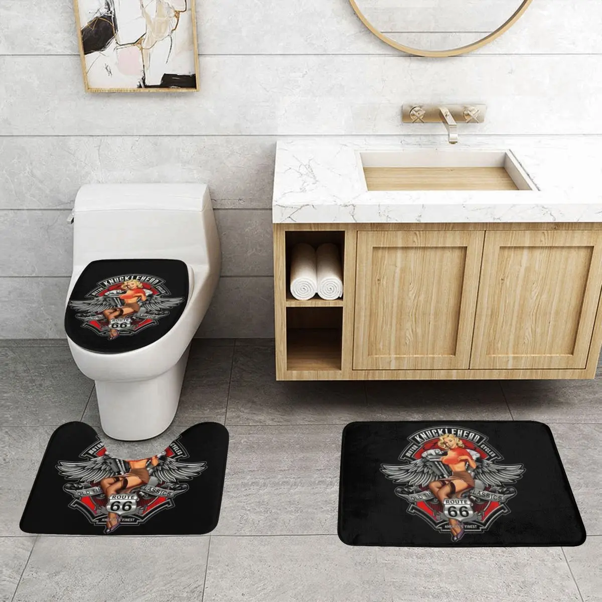 Custom [Route 66 Pin Up Rockabilly Design 3 Piece Bathroom Rugs Absorbent Non Slip Highway Toilet Bath Mat Sets