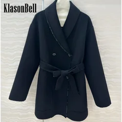 9.23 KlasonBell-Women Elegant Lining Jacquard Double-Sided Cashmere Coat Double Metal Button Sashes Lapel Midi Wool Outerwear