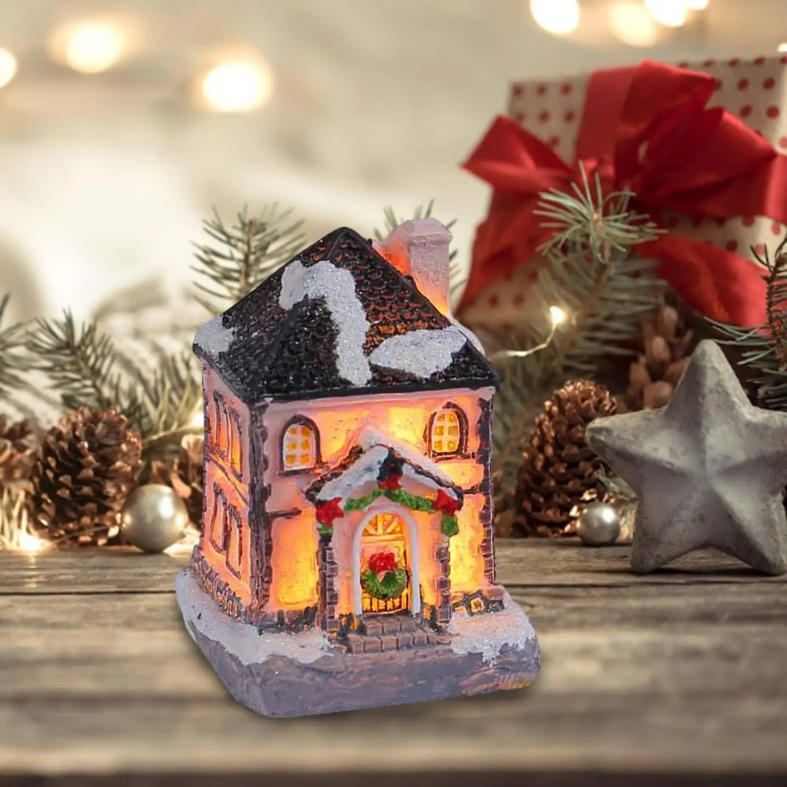 Christmas Lighted House Resin Figurine Desk Centerpiece for Home Decor Miniature Village Scene Ornament