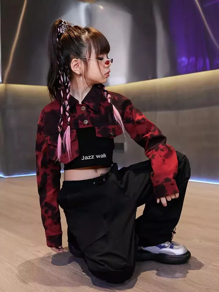 Cool Girls Jazz Dance Clothes Hip Hop Costume Crop Tops Black Pants Long Sleeves Kpop Performance Suit Kids Fashion Wear BL11795