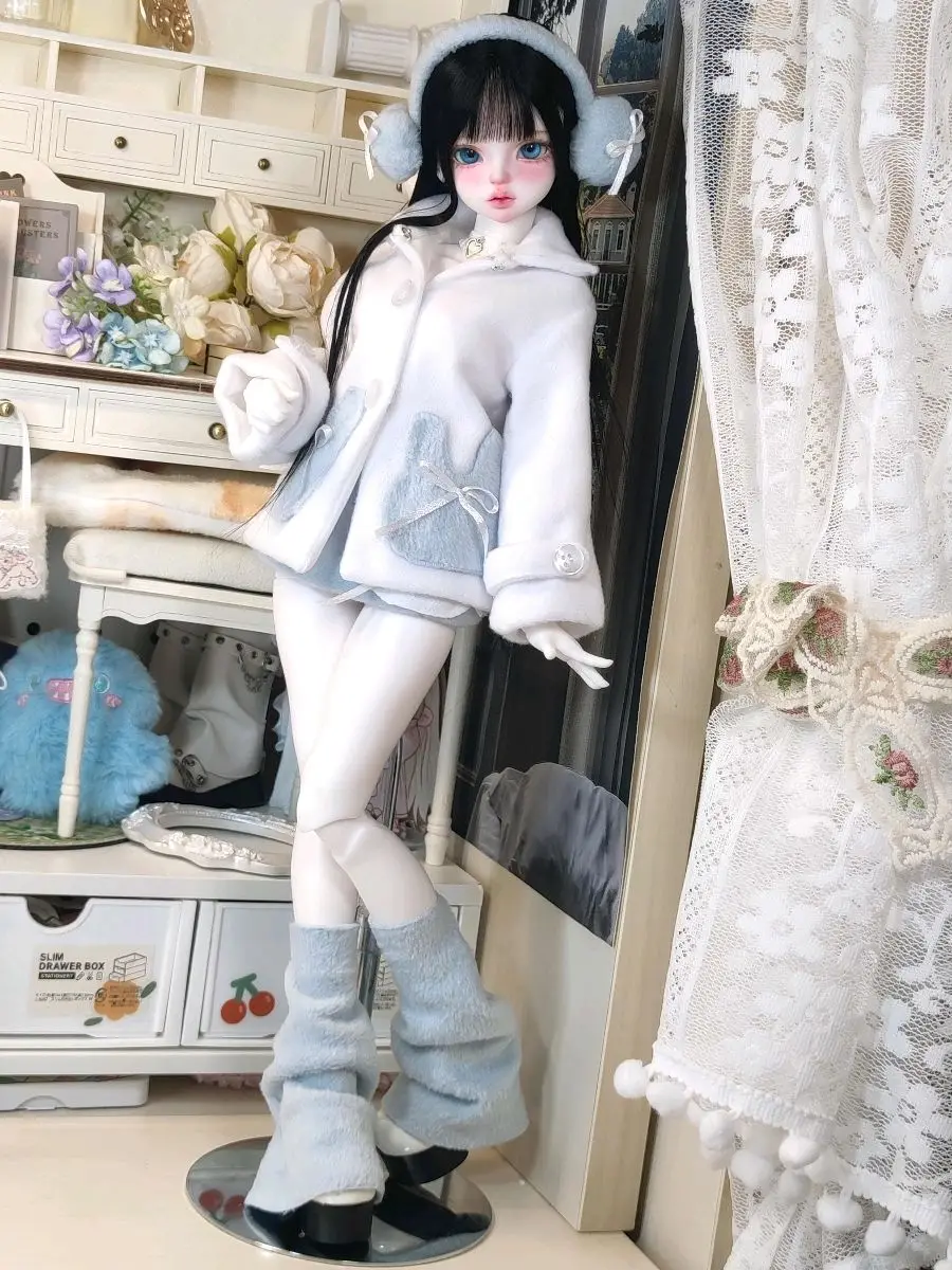 bjd doll clothes fit into 1/4 size light blue thick coat with bare legs set doll accessories