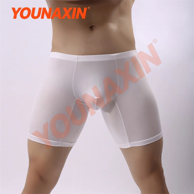 6 Pcs Men Ice Silk Long Leg Boxer Briefs Semi‑Transparent  Anti‑Chafing Sports Underwear Solid Color Underpants M L XL 2XL 3XL