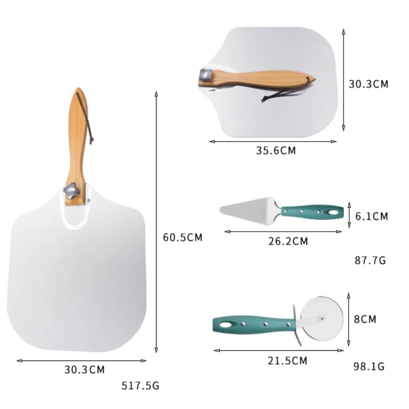 Healthy Baking Gadget Cutter and Foldable Aluminum Pizza Flip Paddle Peel with Wooden Handle Spatula Server Set