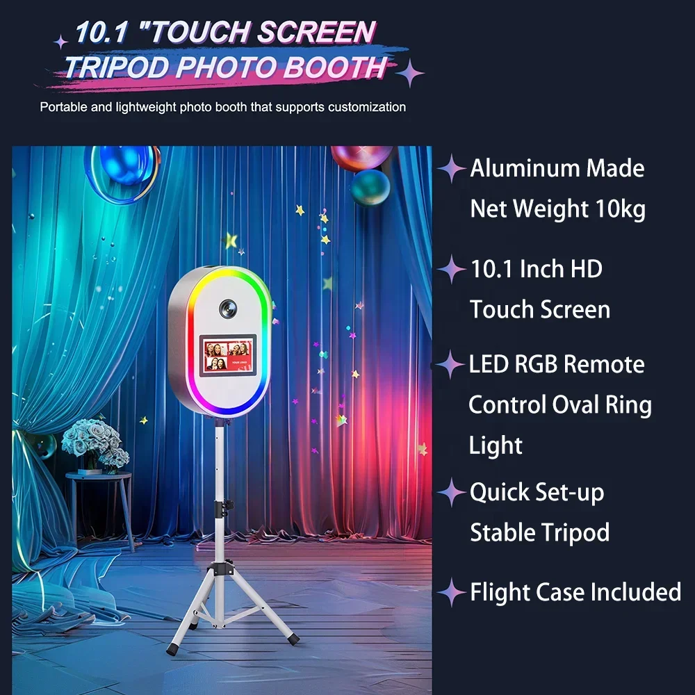 كاميرا Dslr سهلة الإعداد مع كشك تصوير ثلاثي القوائم بشاشة تعمل باللمس مقاس 10.1 بوصة مع كشك تصوير ذاتي فلاش للحفلات