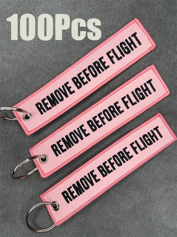 100Pcs Pink Remove Before Flight Woven Keychain Aviation Key Tag Metal Key Ring for Car Keys