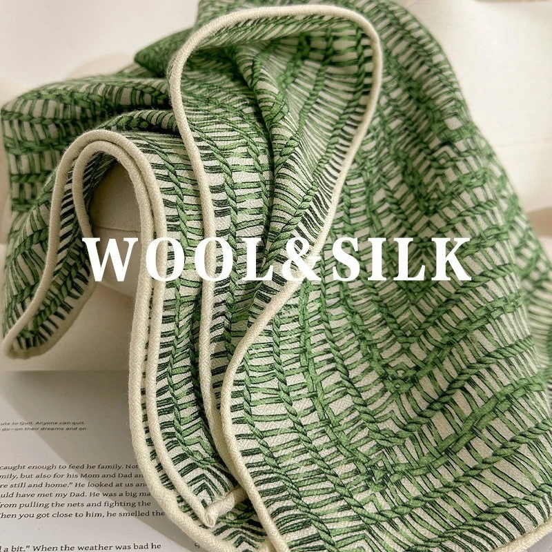 Women Double-sided Silk Wool Square Scarf, Fresh Blue White Geometric Pattern, Dual-use Neckerchief & Shawl, Warm Elegant Wrap