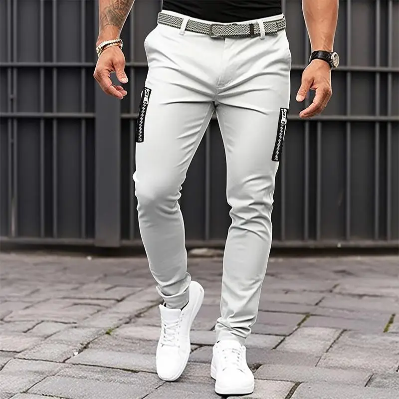 Men's Tight Cotton Pants with Zippered Pockets Four Season Casual Straight Leg Tight Fit Workwear Trousers Neutral Style