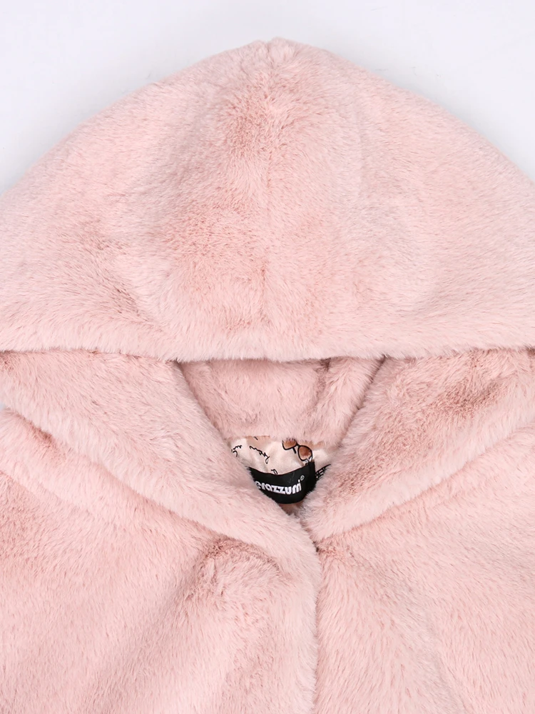 Nerazzurri Spring Autumn Pink Pleated Soft Light Faux Fur Coat Women with Hood High Waist Fluffy Jacket Casual Korean Clothes