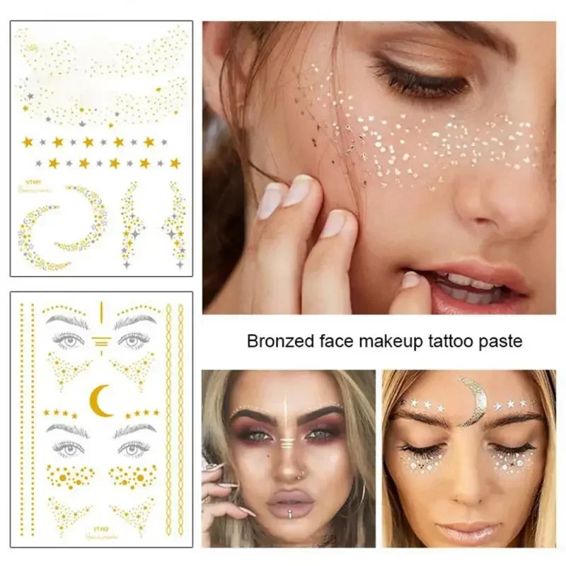 Adesivo abbronzante oro glitterato per trucco viso dimensioni miste stella luna forma oro argento istantaneo Lentiggini tatuaggio temporaneo RA015