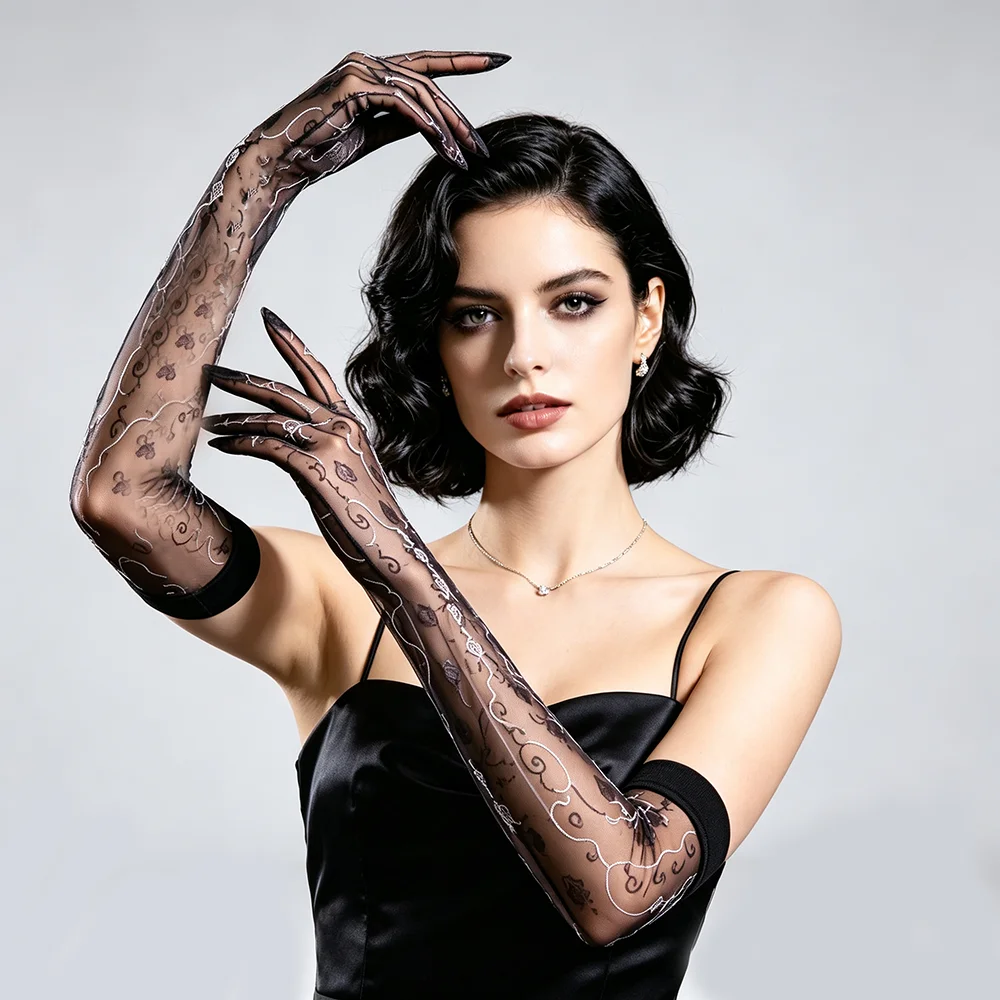 Women Sexy Lace Floral Ultra-Thin Tight Oil Glossy Shiny High-Elastic Long Five Finger Gloves Cosplay Party Dance Nightclub Shee