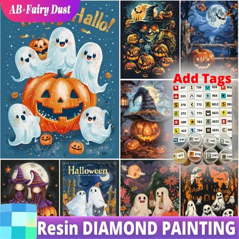 AB Fairy Dust Comes with DMC stickers Halloween 5D DIY Diamond Painting Horror Pumpkin Mosaic Art Picture Ghost Halloween Home D
