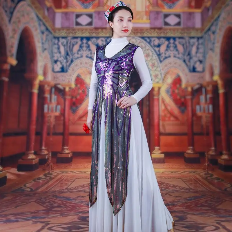 Roupa de dança uigur feminina, colete longo de lantejoulas, estilo étnico, performance xinjiang, novo verão