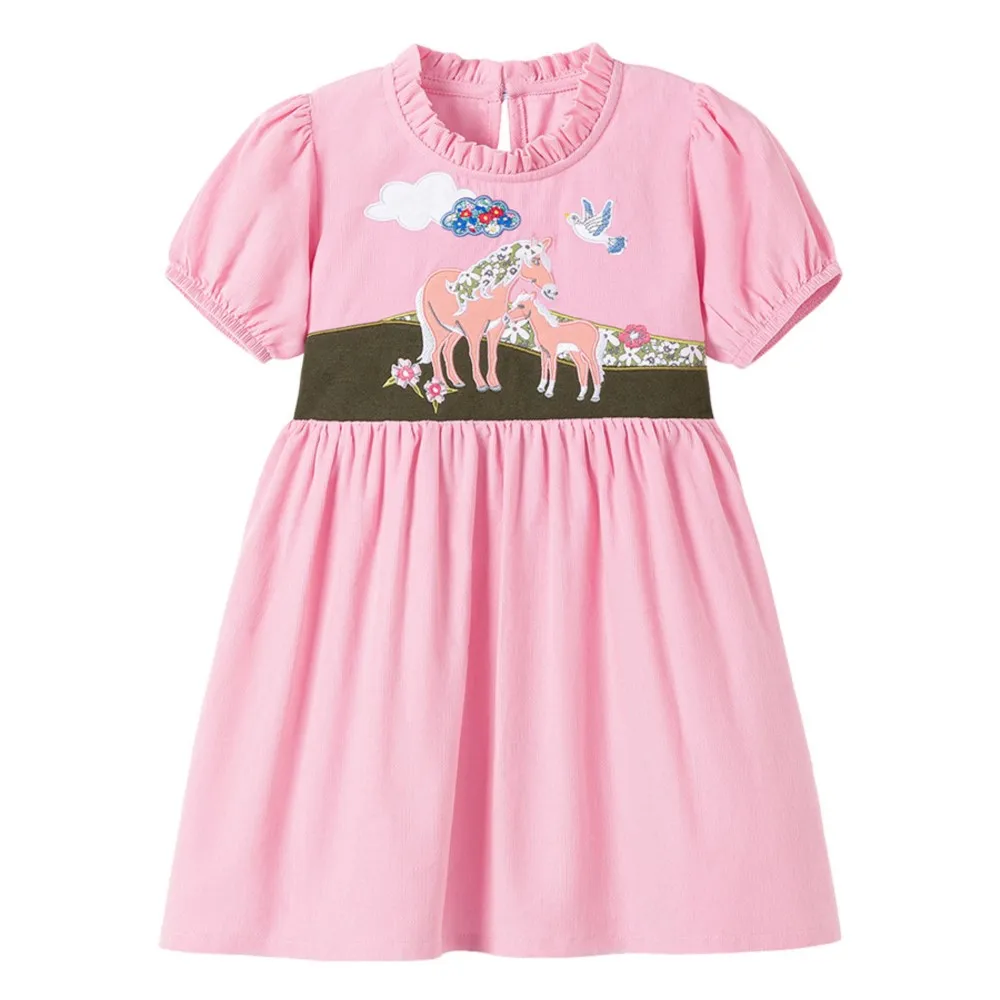 

Adorable Charming Pink Kids' Dress Short Puff - Sleeved Dress for Little Girls with Horse - themed Embroidery