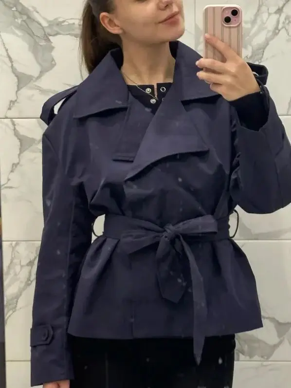 Sleek Office Cropped Trench Coat Lapel Women Long Sleeve Double Breasted Outerwear Chic Spring Stylish Fashion Outfits