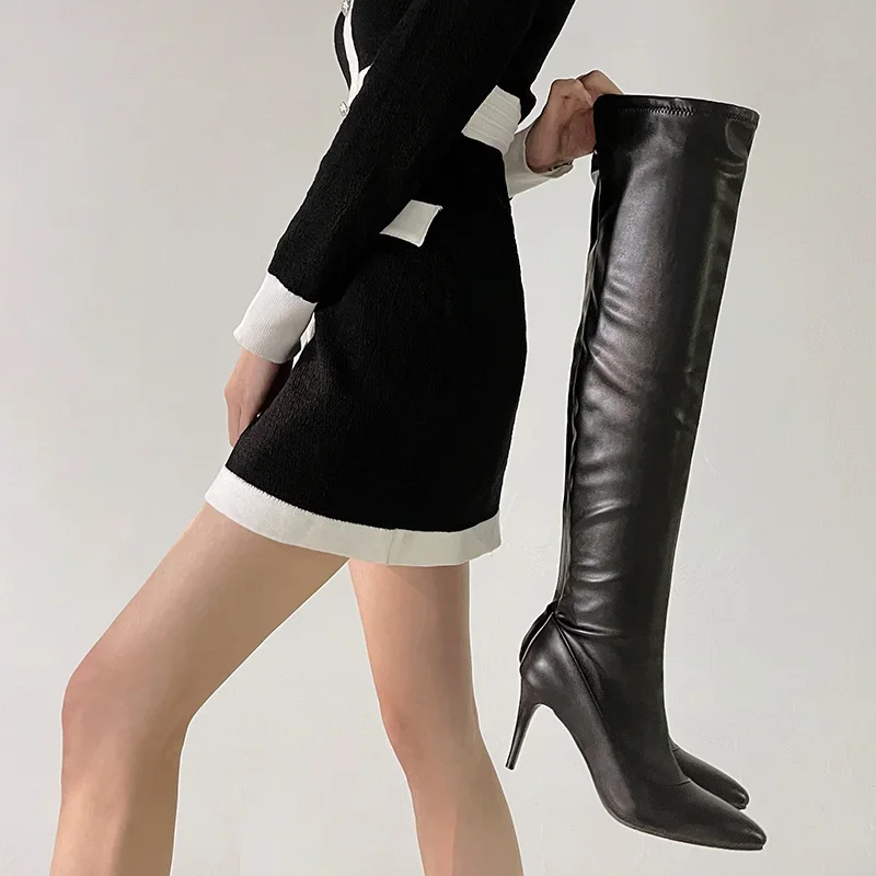 

YQBTDL/зимние пикантные женские эластичные сапоги выше колена, модные узкие белые длинные туфли на тонком высоком каблуке с острым носком, женские туфли 2025