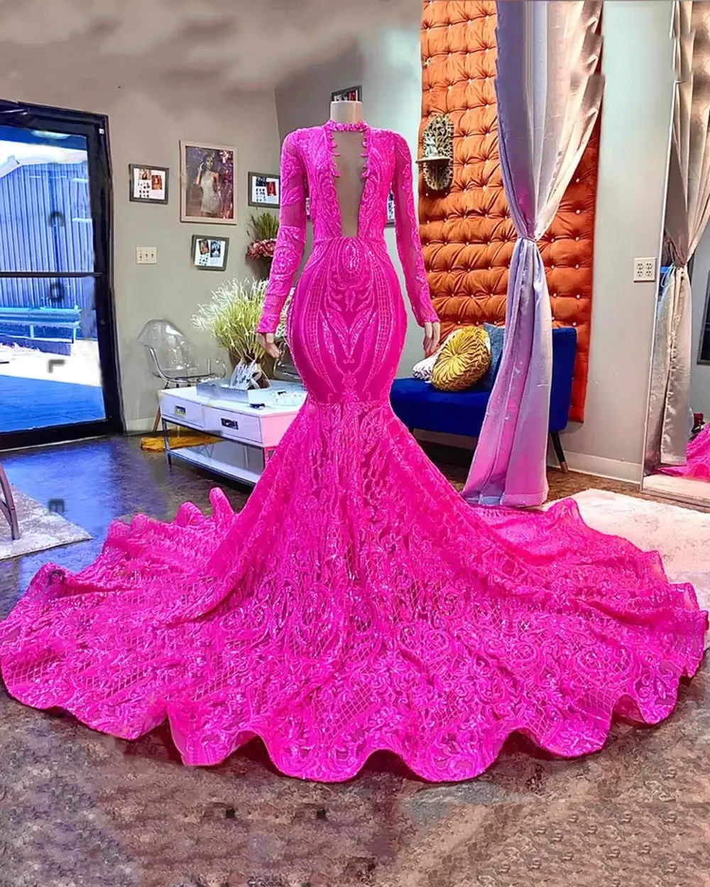 Sparkly Sequin Lace Luxury Fuchsia Mermaid Long Prom Dresses 2023 African Black Girl Full Sleeves  Party Evening Formal Gowns