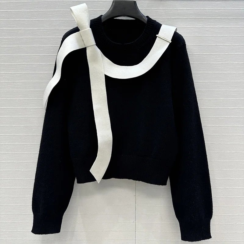 

Высококачественный женский свитер в черно-белую полоску с бантом и пуловером во французском элегантном стиле 251020121