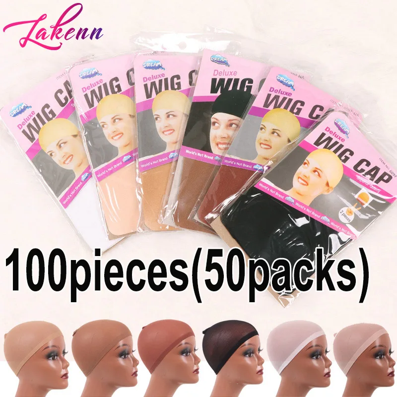 

50Packs 100Pcs Wig Cap Hairnet Invisible Stocking Wig Caps Black Beige Skin Color Hair Net Breathable Weave Cap Wig Accessories