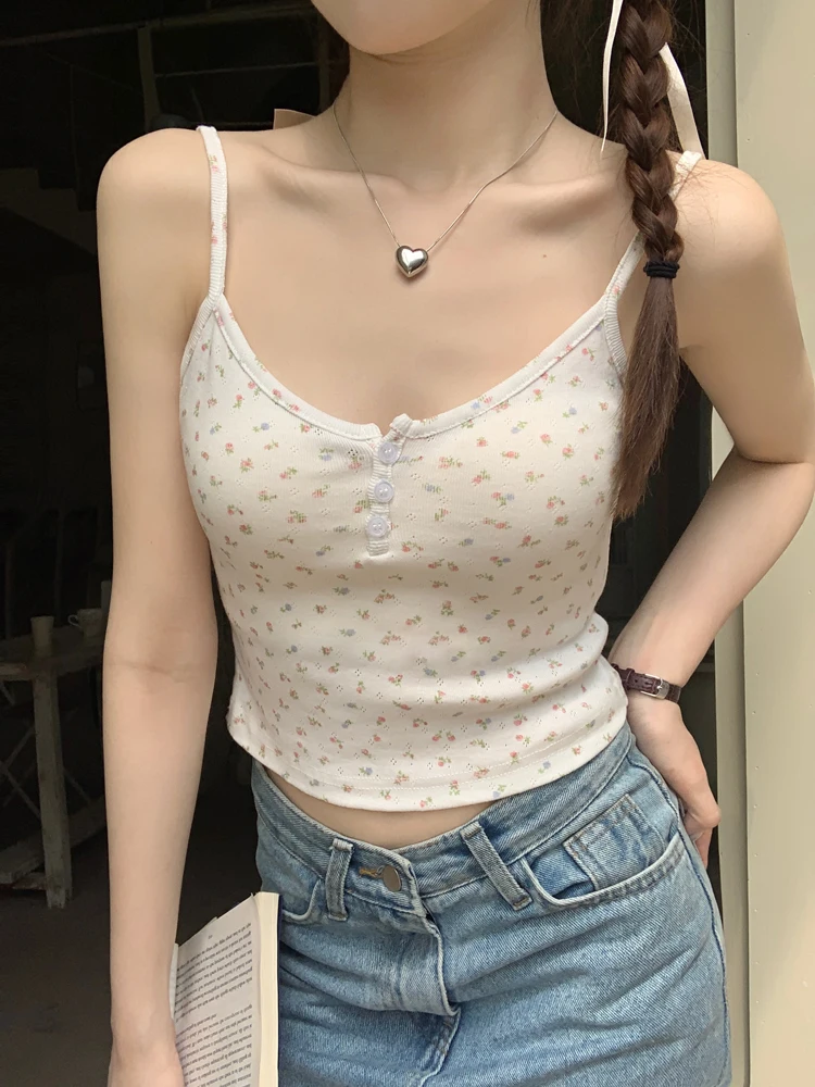 9colors korean style camisole women Slim tank top female summer 2024 sleeveless floral crop tops womens (X3271)