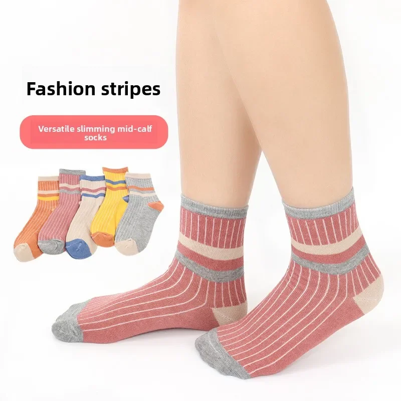 5 Pairs Women Mid Calf Socks Korean INS Style Autumn Winter Chunky Socks Japanese Striped Color Block Single Needle Trendy Socks