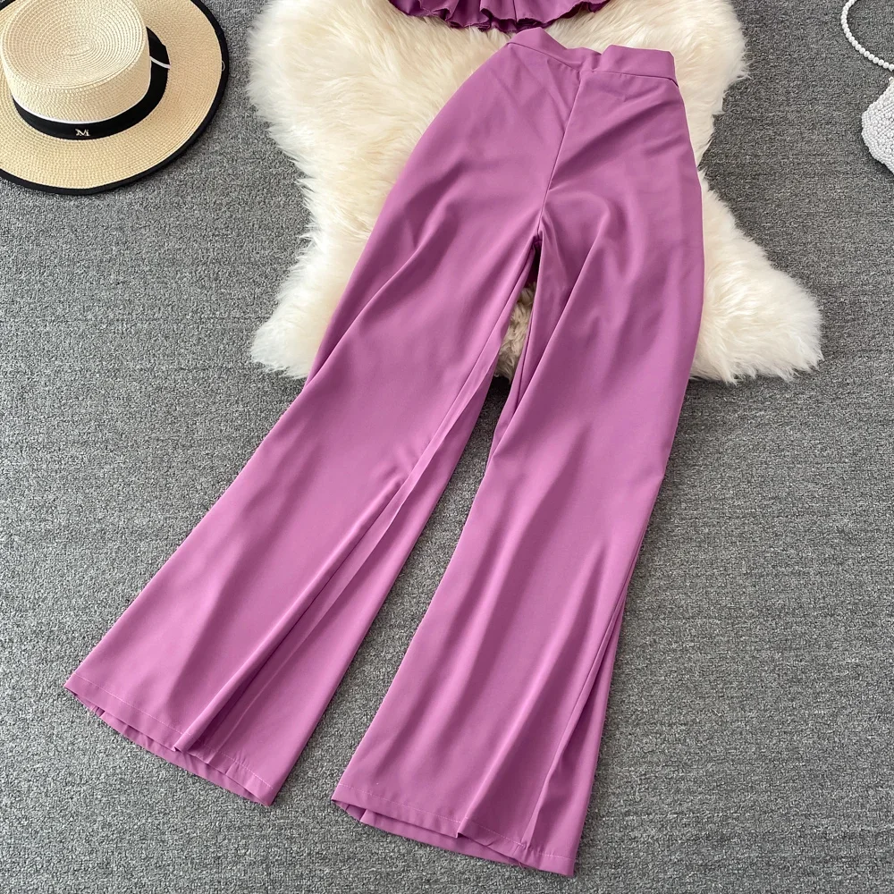 2024 Women Summer Fashion Casual Pants High Waist Drape Wide Leg Pants Square Collar Pleated Short Blouse Two-piece Suit Female